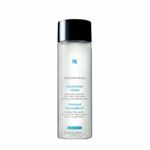 A clear bottle of facial toner with a black cap.