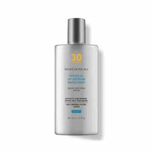 SPF 30 sunscreen lotion in a white bottle with silver cap.