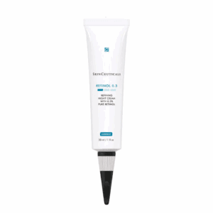 A white tube of skincare product with a black nozzle and blue label.