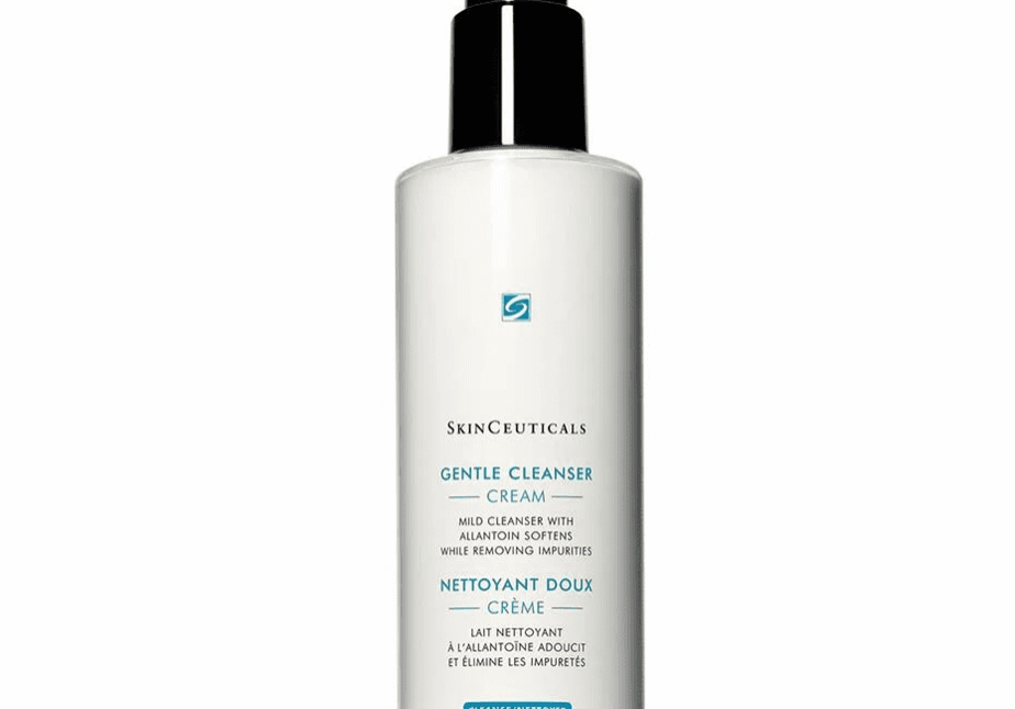 White pump bottle labeled skin care product with blue and black text.