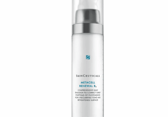 A sleek white and silver skincare pump bottle with blue text.