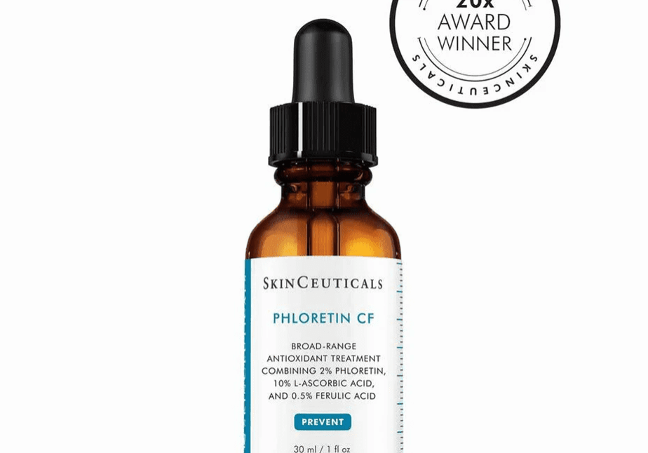 SkinCeuticals Phloretin CF serum in a brown dropper bottle with an award badge.