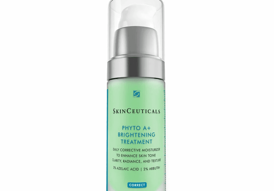 A green bottle of facial treatment serum with a pump dispenser.