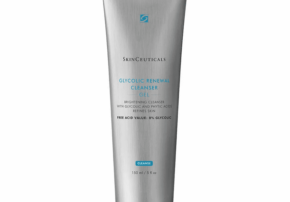 Silver tube of facial cleanser with black cap on white background.